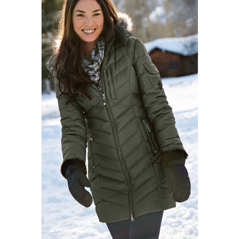 Eddie Bauer • Sun Valley Down Parka green puffer quilted hood faux fur trim 650